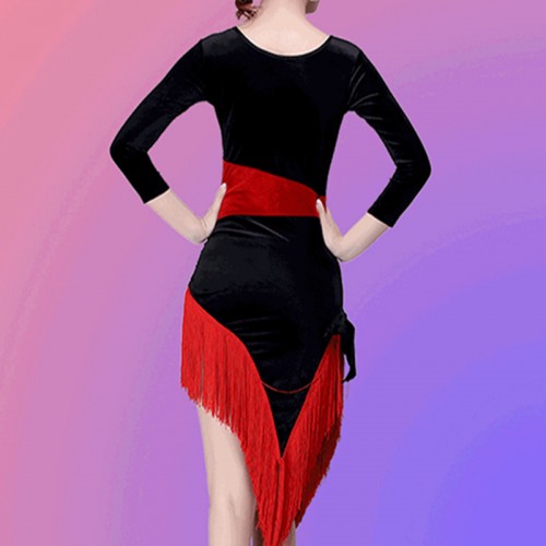 Women's girls black puprle red velvet latin dance dresses salsa samba chacha dance skirts dress